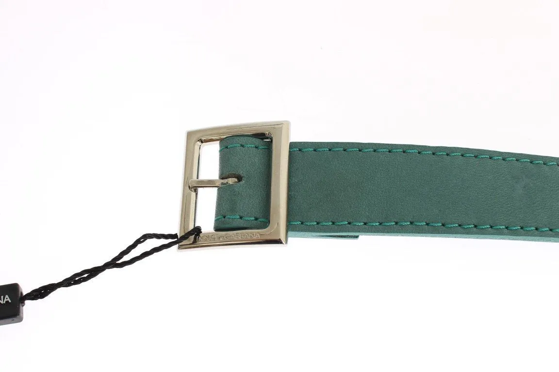 Green Leather Silver Buckle Logo Belt