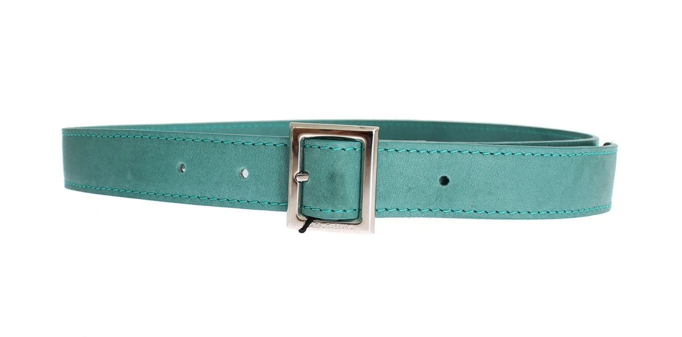 Green Leather Silver Buckle Logo Belt