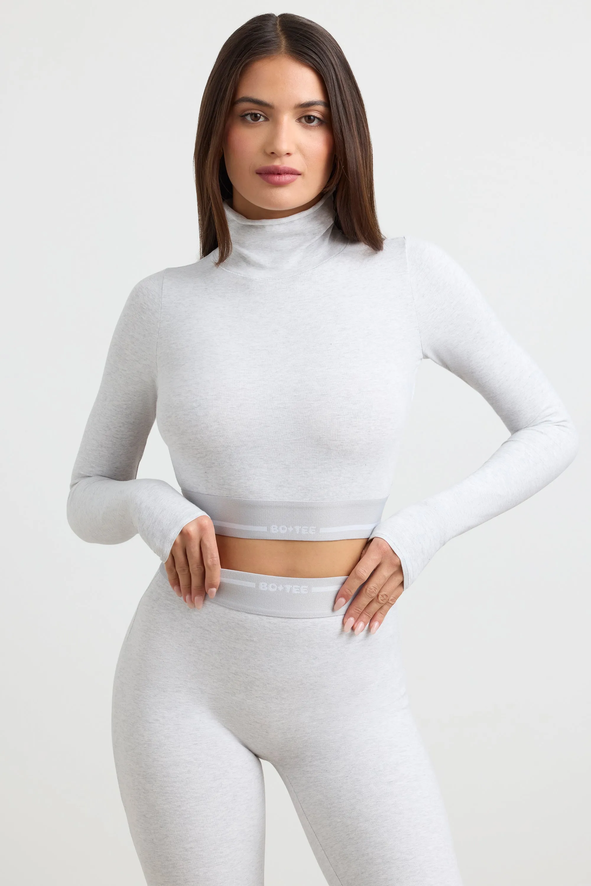 Grounded - Turtleneck Backless Long-Sleeve Crop Top in Grey Marl