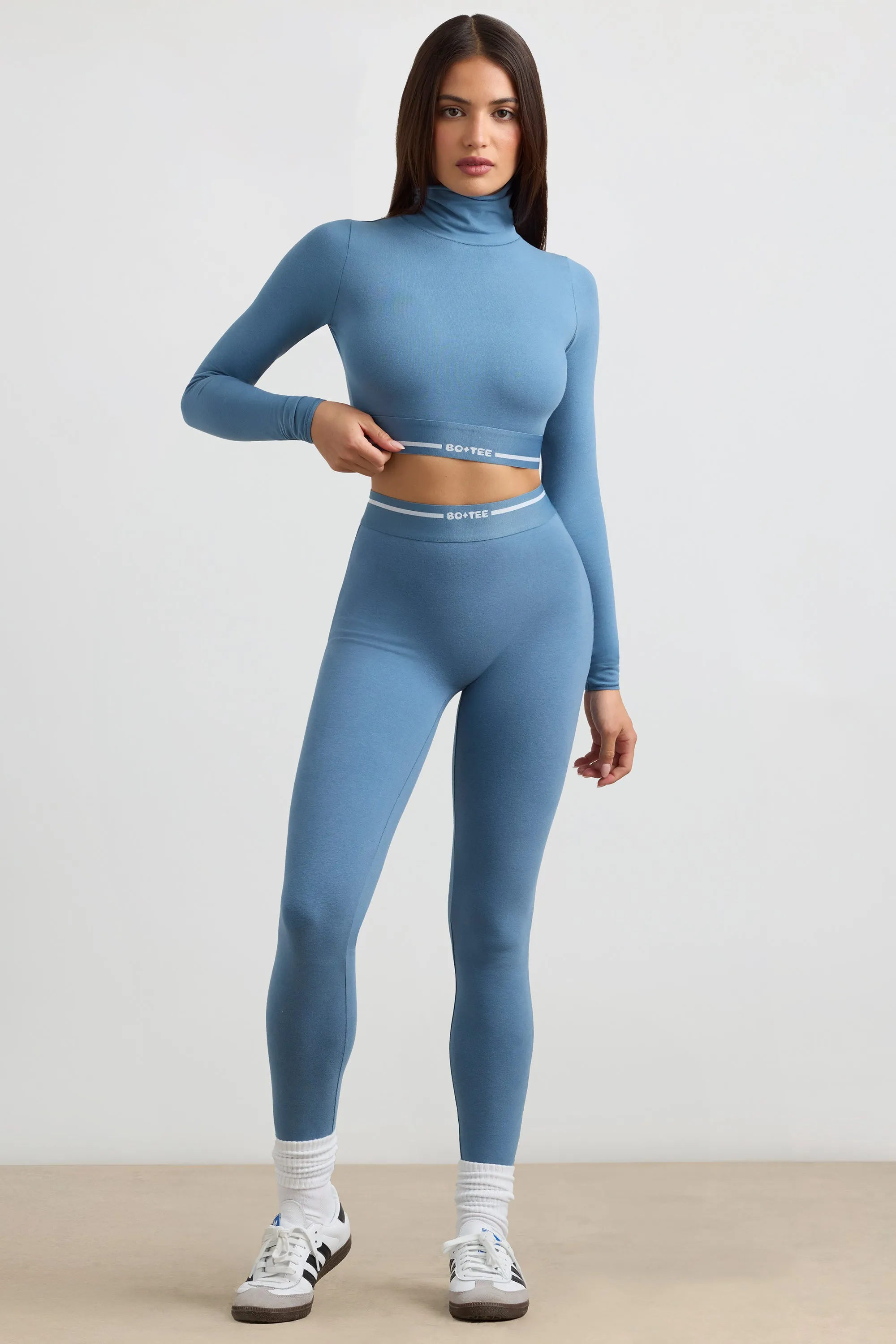 Grounded - Turtleneck Backless Long-Sleeve Crop Top in Steel Blue