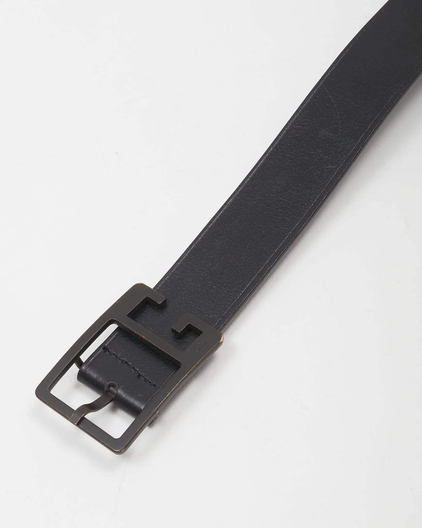 Gucci Black Leather Gunmetal Square G Buckle Belt - 85/34