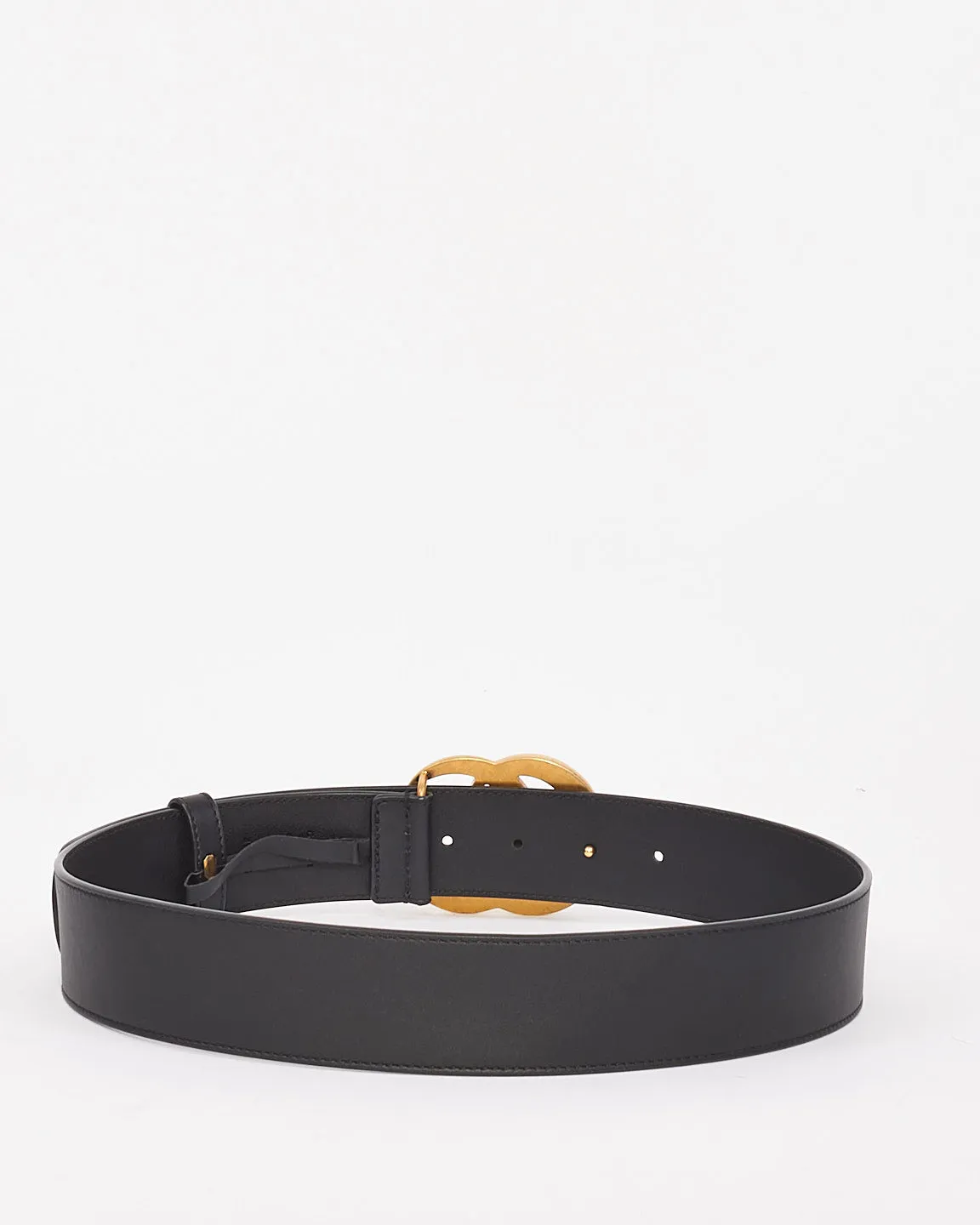 Gucci Black Smooth Leather Brushed Gold Double GG Marmont Belt - 75/30