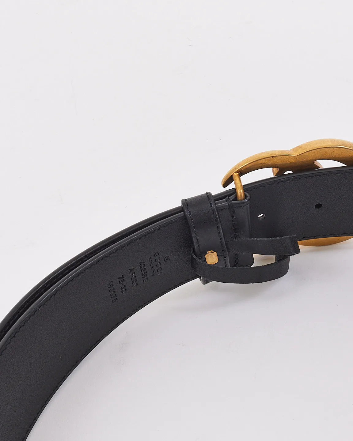 Gucci Black Smooth Leather Brushed Gold Double GG Marmont Belt - 75/30