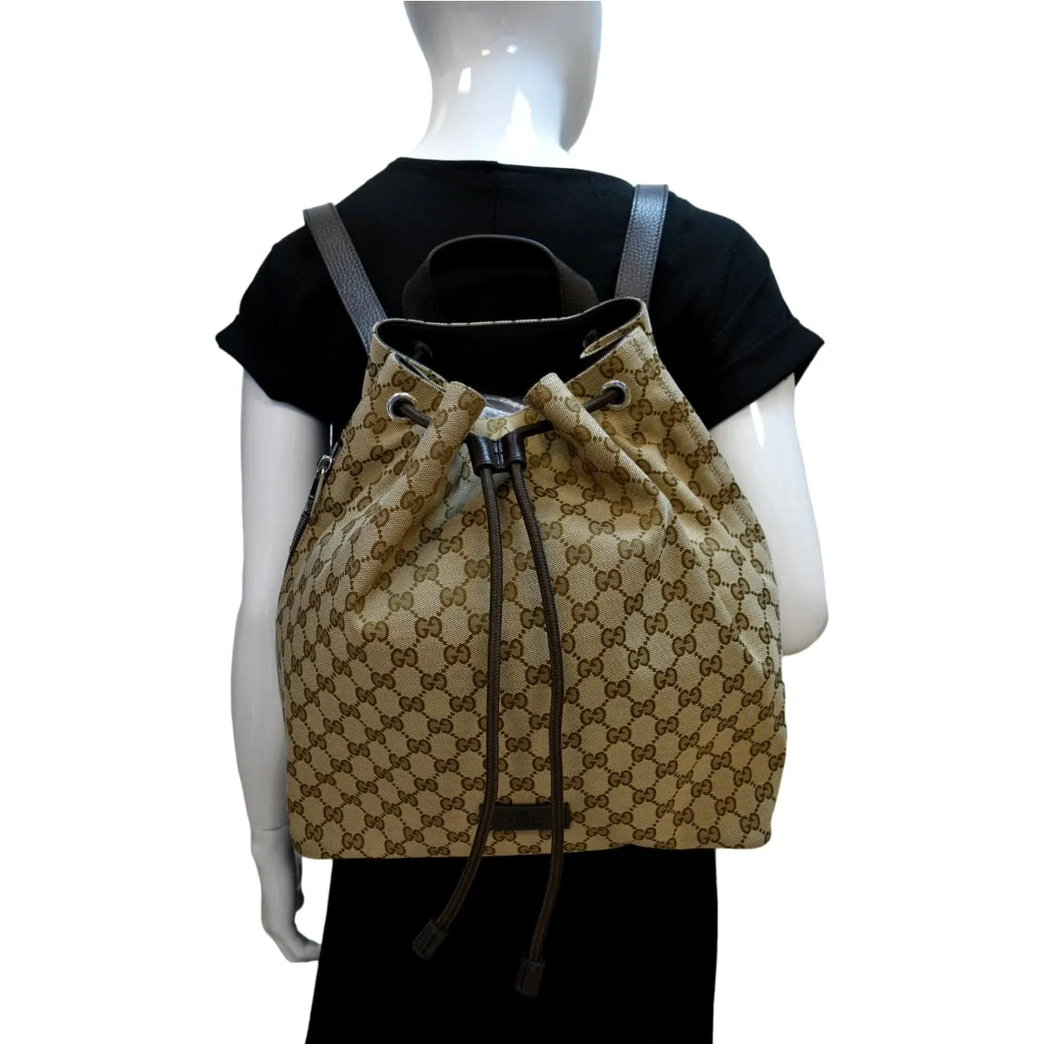 GUCCI Drawstring GG Monogram Canvas Backpack Bag Beige 449175