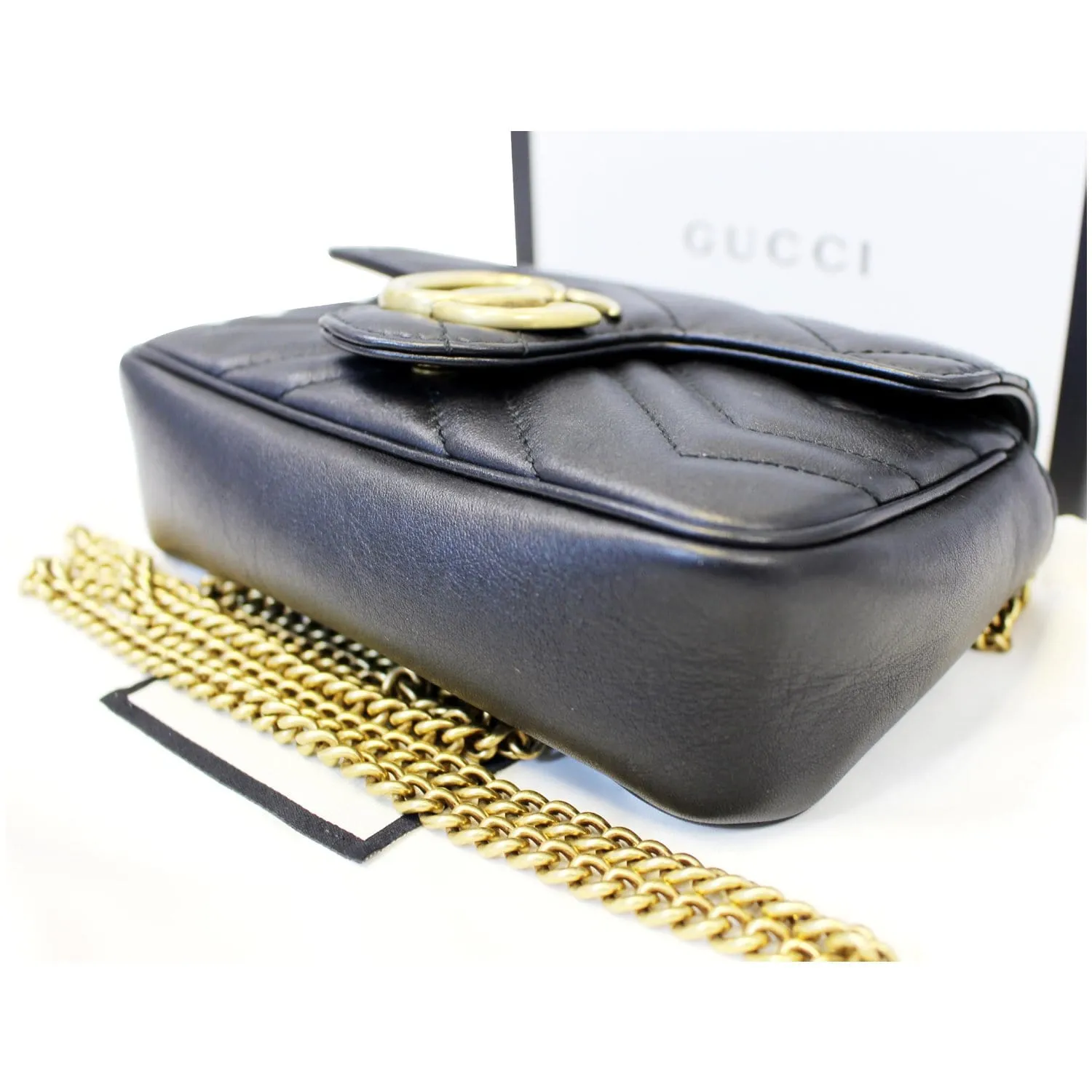 GUCCI GG Marmont Matelasse Black Leather Super Mini Crossbody Bag