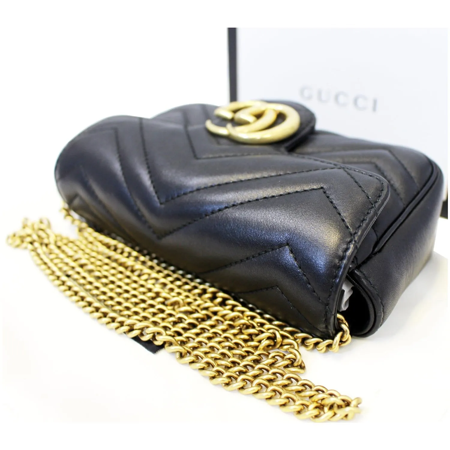 GUCCI GG Marmont Matelasse Black Leather Super Mini Crossbody Bag