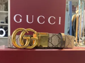 GUCCI GG SUPREME MONOGRAM CANVAS/LEATHER REVERSIBLE BELT IN BEIGE/BROWN