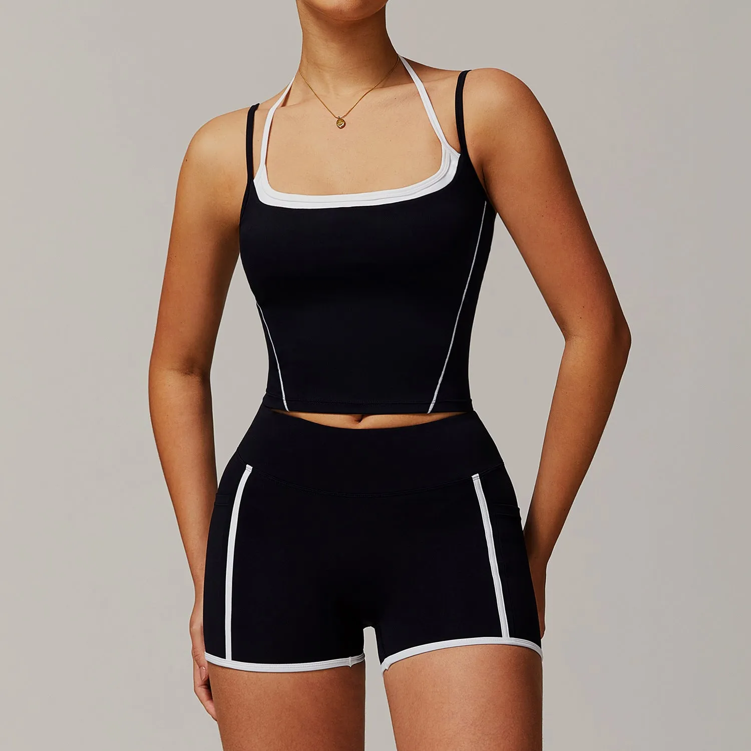 Halter Beauty Back Yoga Faux Two Piece Set
