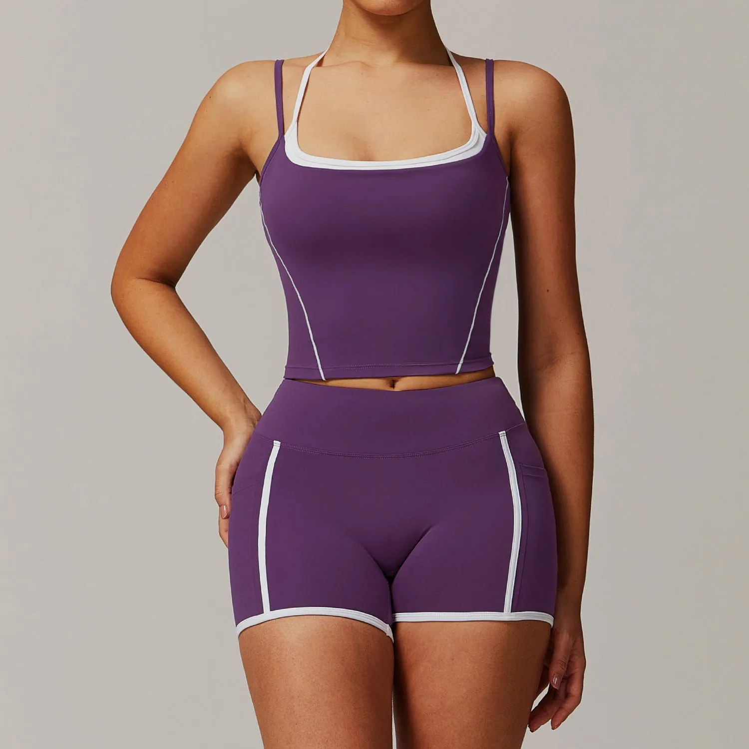 Halter Beauty Back Yoga Faux Two Piece Set