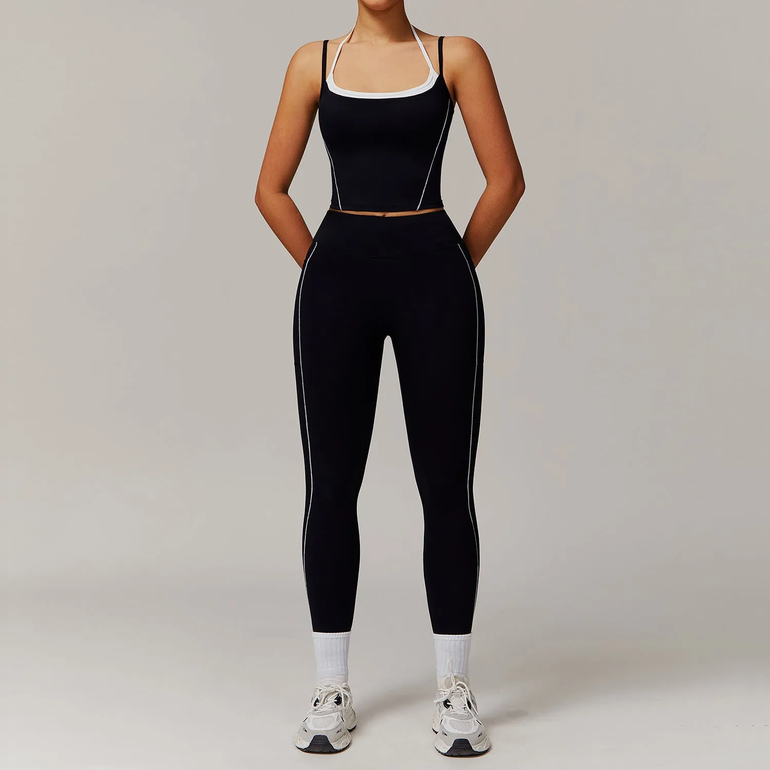 Halter Beauty Back Yoga Faux Two Piece Set