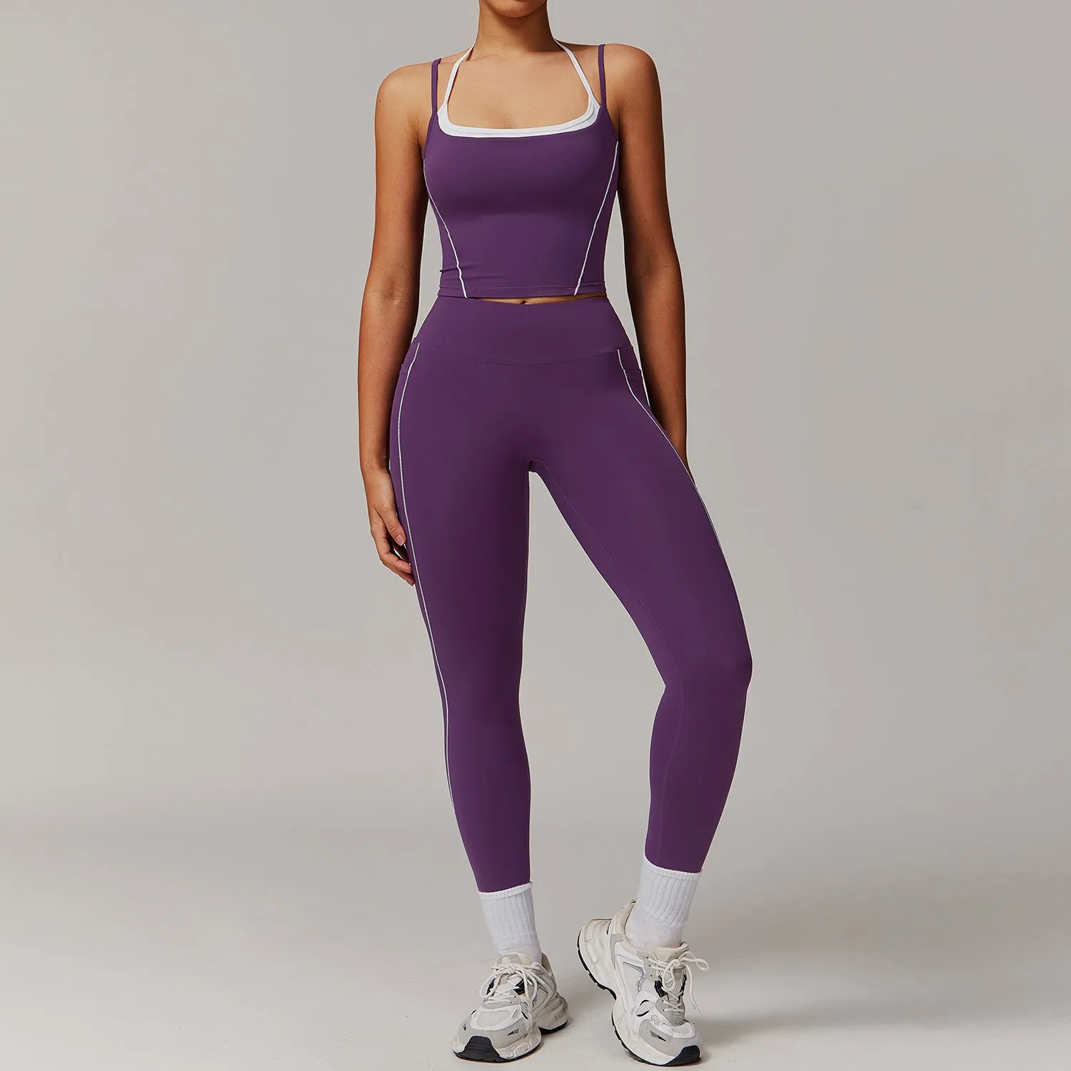 Halter Beauty Back Yoga Faux Two Piece Set