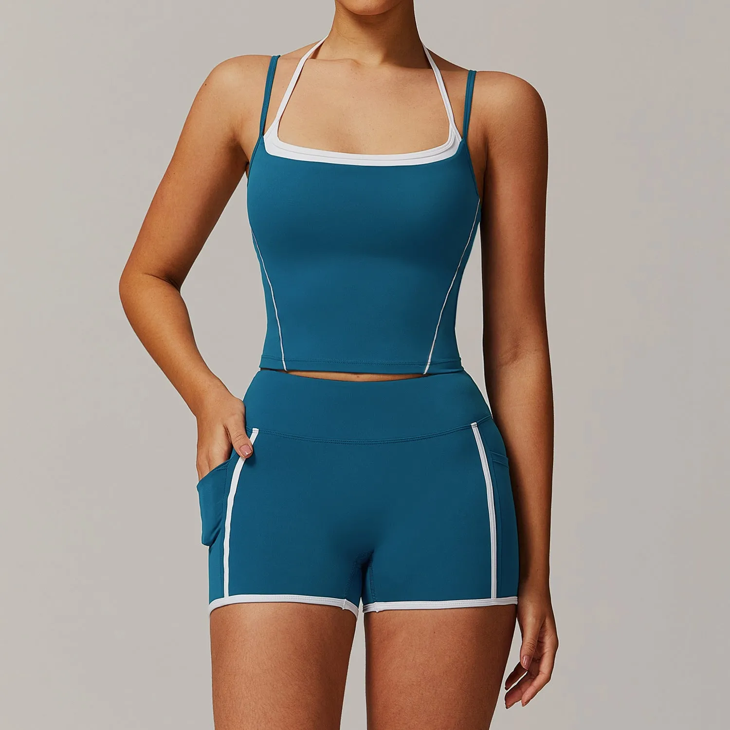 Halter Beauty Back Yoga Faux Two Piece Set