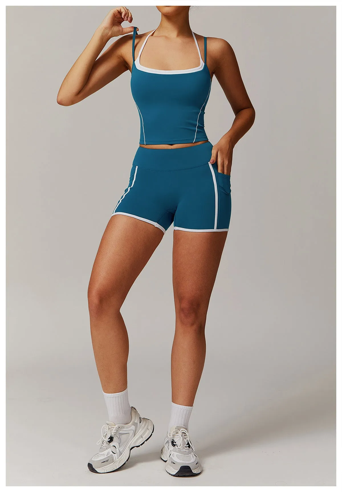 Halter Beauty Back Yoga Faux Two Piece Set