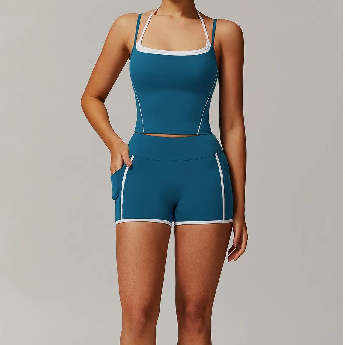 Halter Beauty Back Yoga Faux Two Piece Set