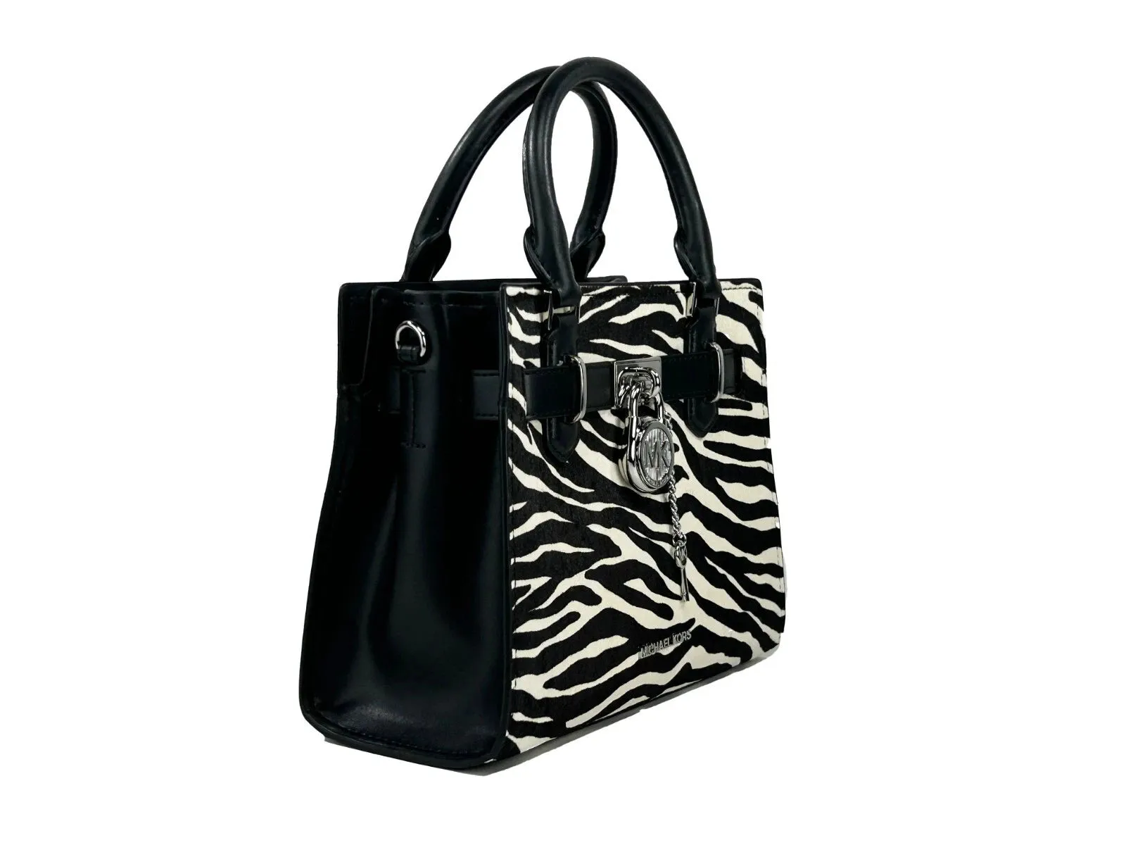 Hamilton Small Leather Zebra Print Satchel Crossbody Black/White
