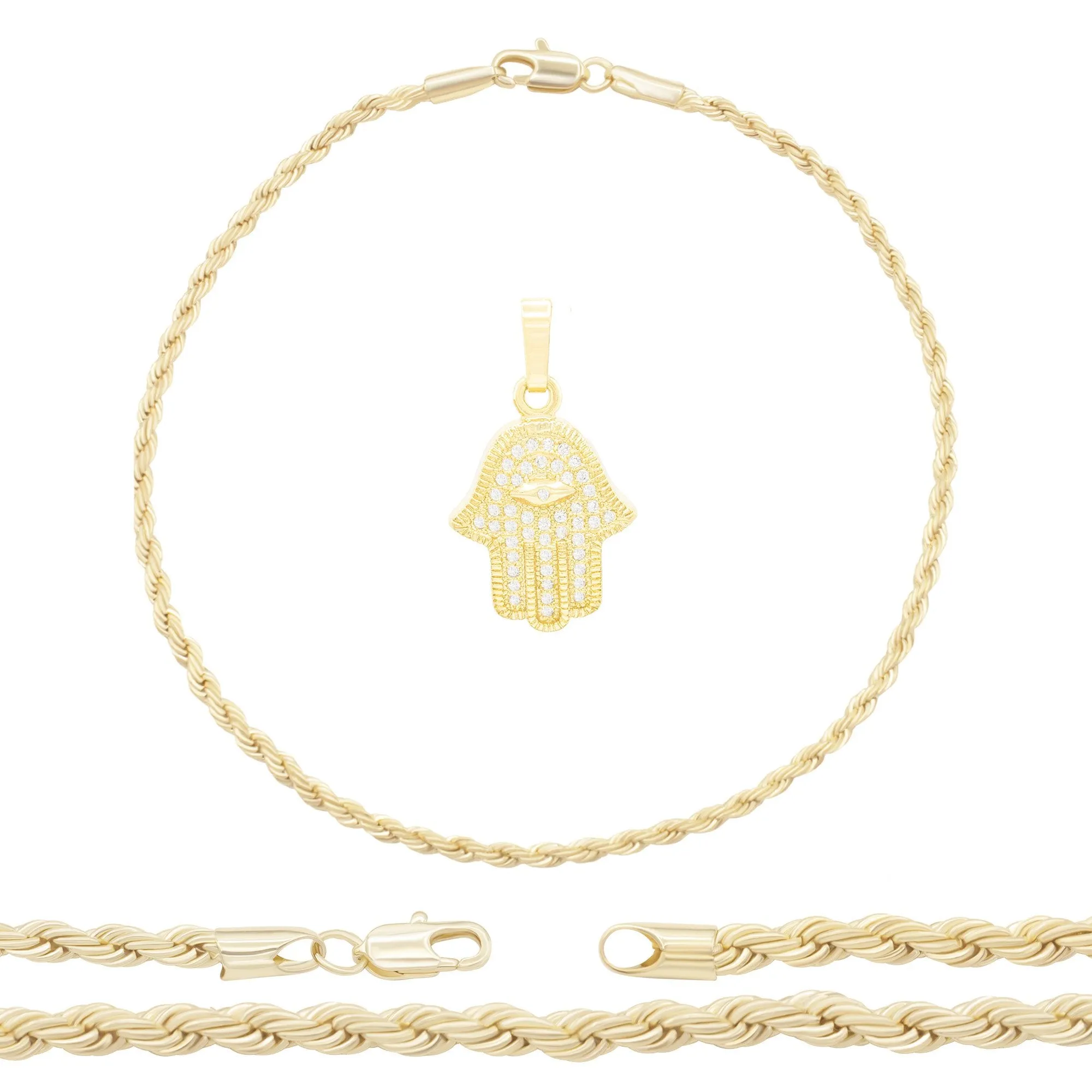 Hamsa Hand Pendant 14K Anklet Gold Filled Cubic Zirconia Charm Rope Chain Set 10" Women Jewelry