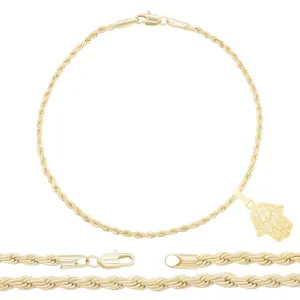 Hamsa Hand Pendant 14K Anklet Gold Filled Cubic Zirconia Charm Rope Chain Set 10" Women Jewelry
