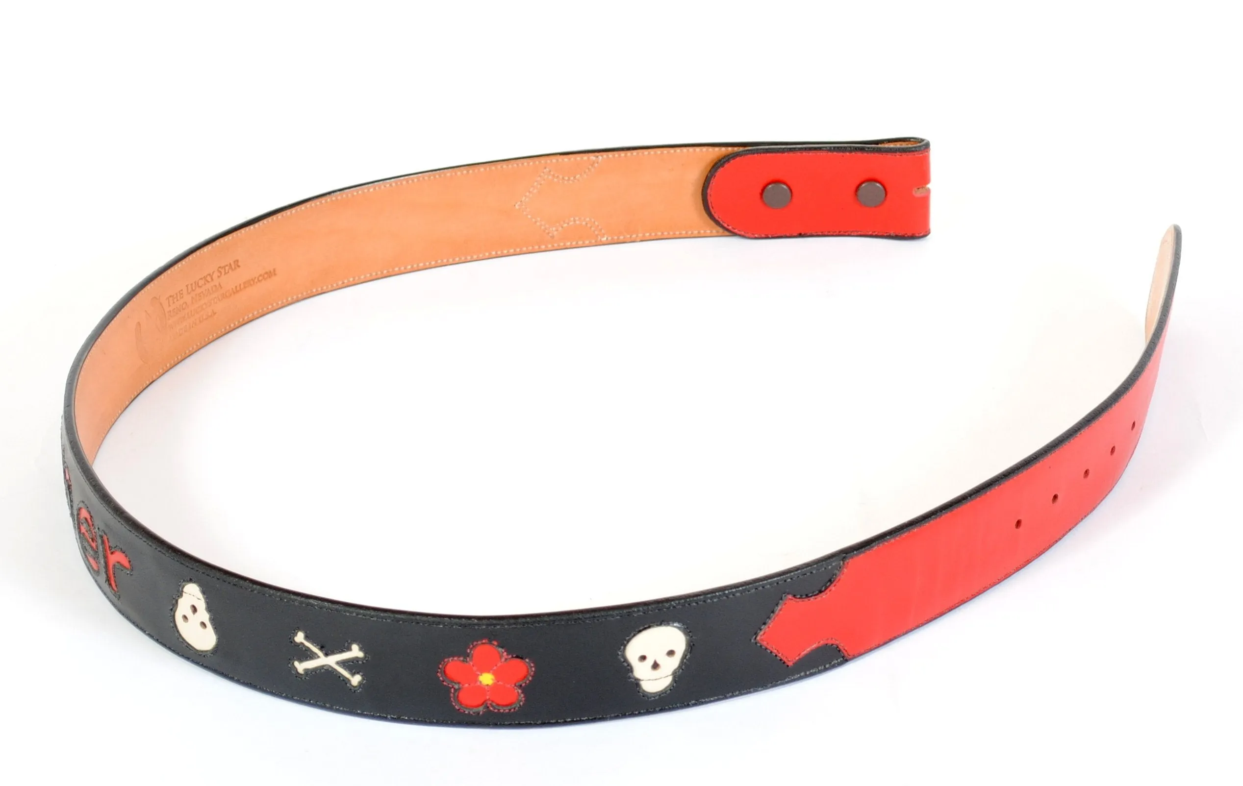 Handmade Custom Leather Belt "Sinner" Inlaid Design sz 38-1/2"