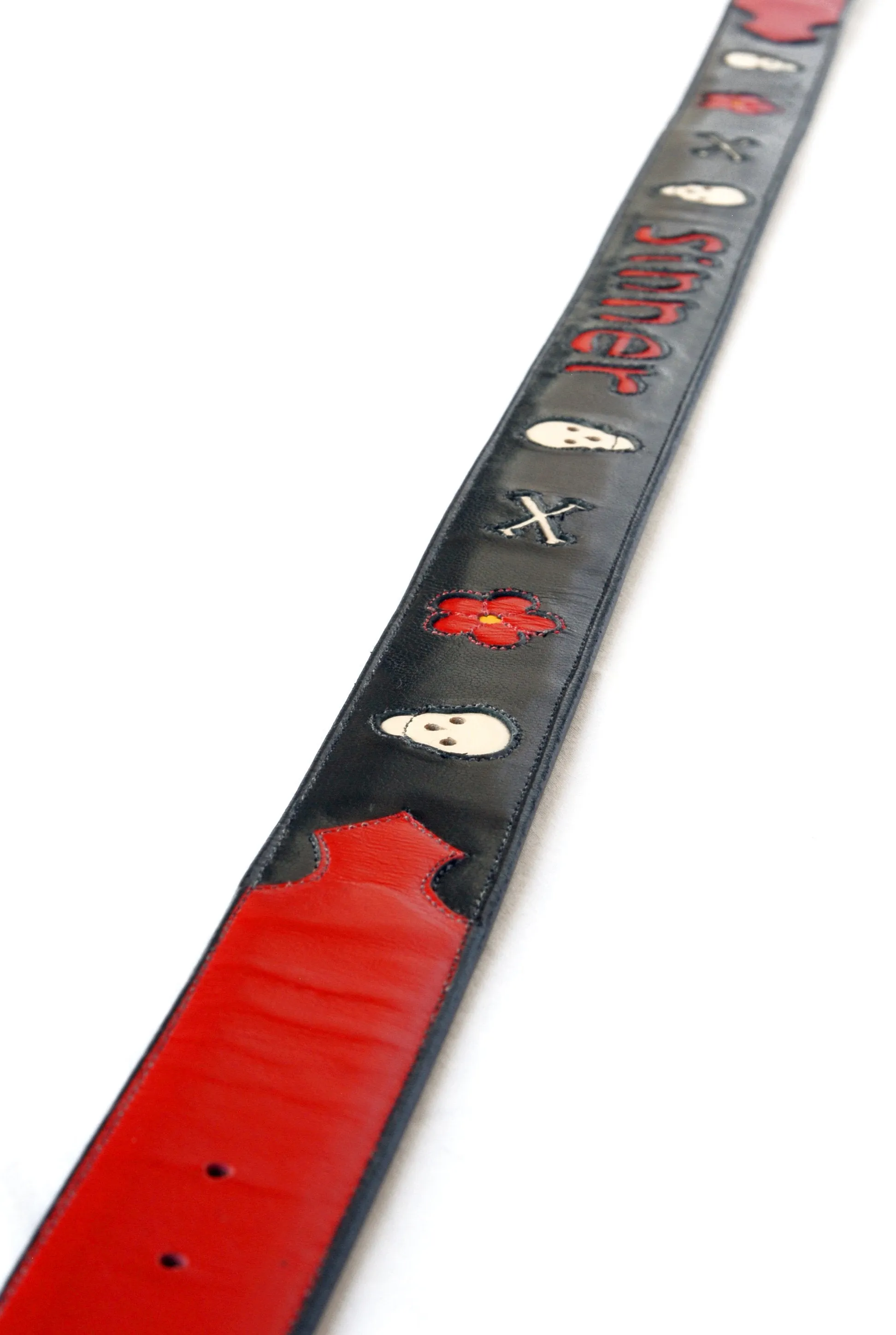 Handmade Custom Leather Belt "Sinner" Inlaid Design sz 38-1/2"