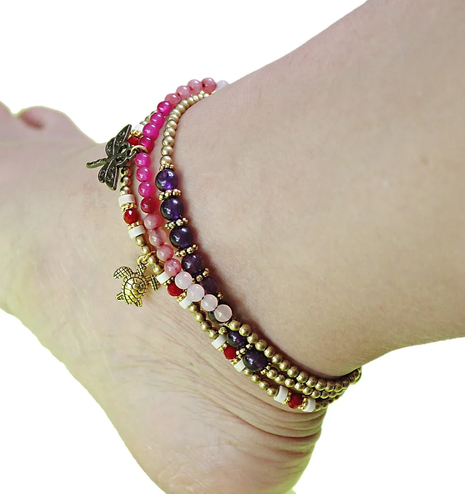 Handmade gemstone thin anklets with charms(12 pack/ $4.80 ea.)