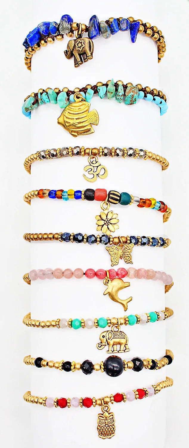 Handmade gemstone thin anklets with charms(12 pack/ $4.80 ea.)