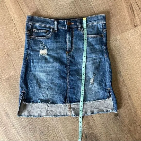 Harper A-Line Denim Skirt Blue High Low Frayed Hem Distressed S EUC