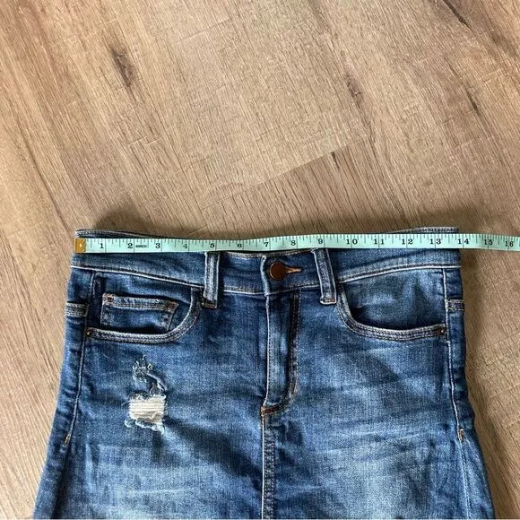 Harper A-Line Denim Skirt Blue High Low Frayed Hem Distressed S EUC
