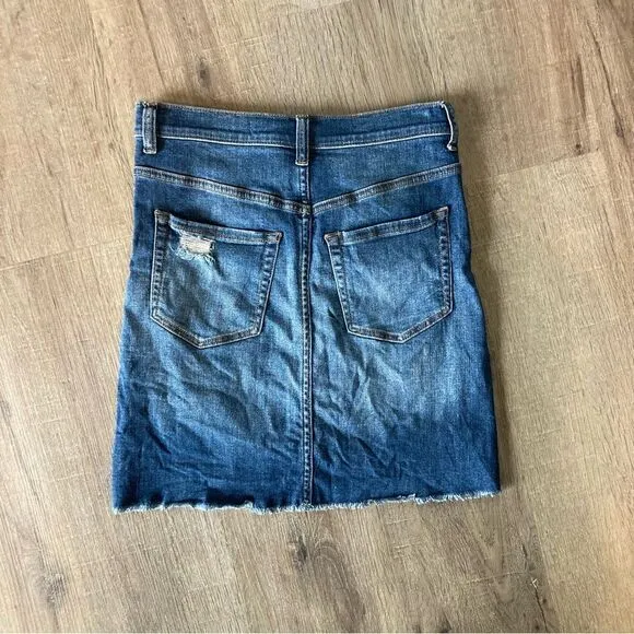 Harper A-Line Denim Skirt Blue High Low Frayed Hem Distressed S EUC