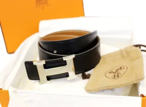 HERMES Belt Constance Buckle H Reversible Black Brown 60cm