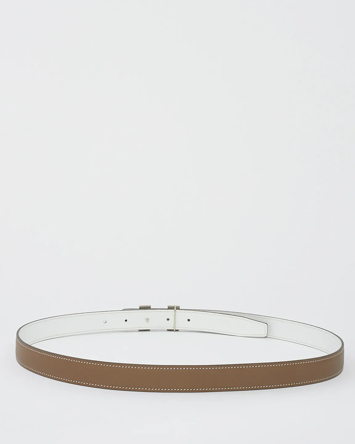 Hermès Etoupe & White Leather Silver Buckle Reversible H Belt - 95