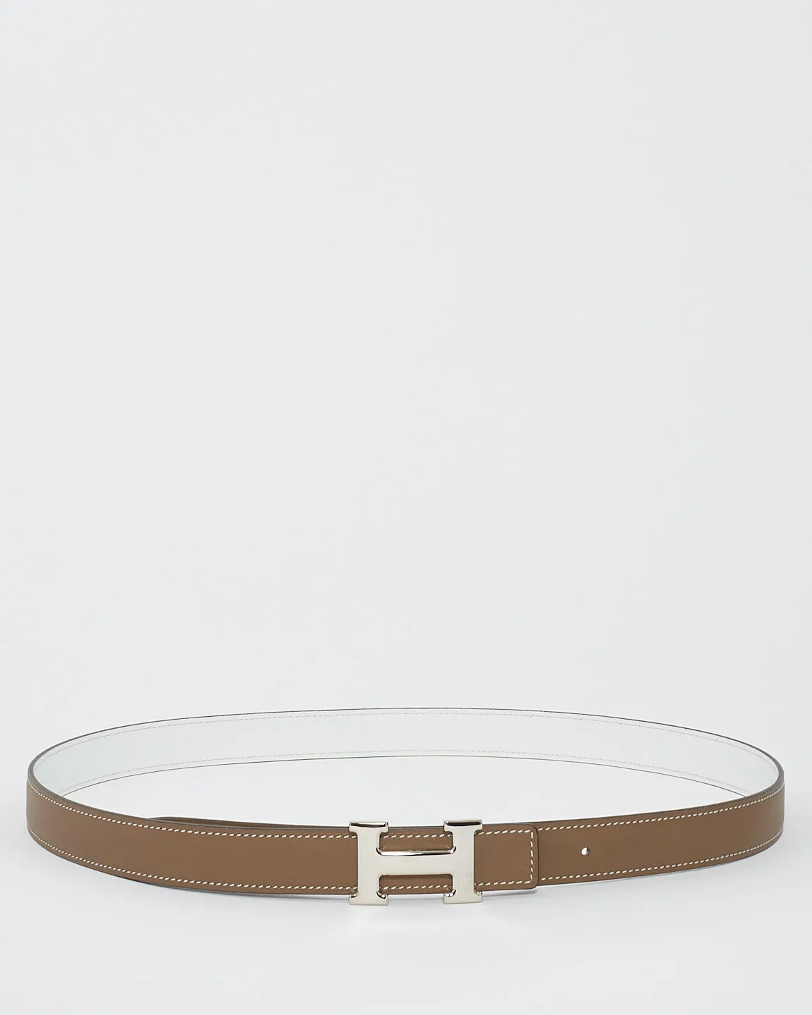 Hermès Etoupe & White Leather Silver Buckle Reversible H Belt - 95