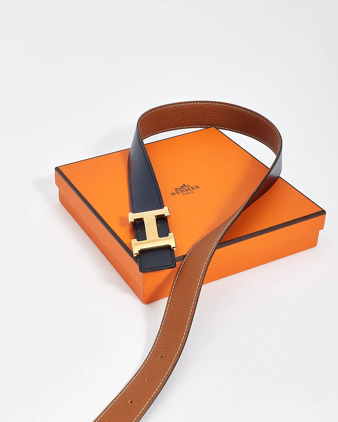 Hermès Gold/Navy Clemence & Swift Leather Reversible Brushed Gold H Logo Belt - 90