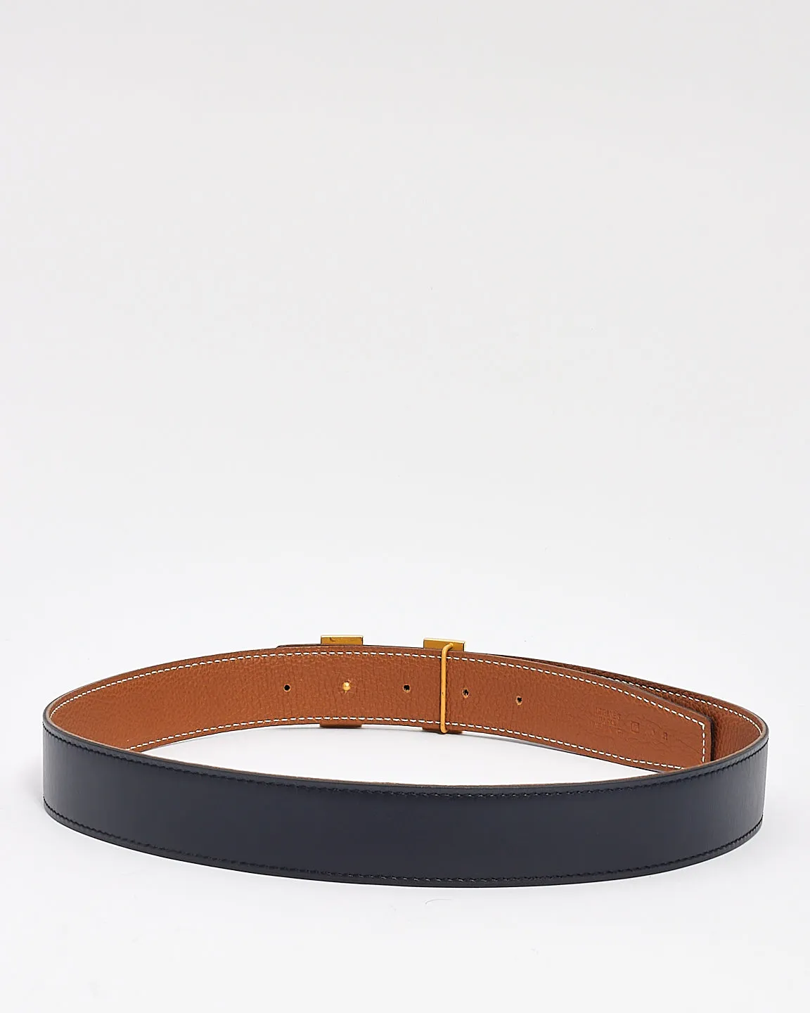 Hermès Gold/Navy Clemence & Swift Leather Reversible Brushed Gold H Logo Belt - 90