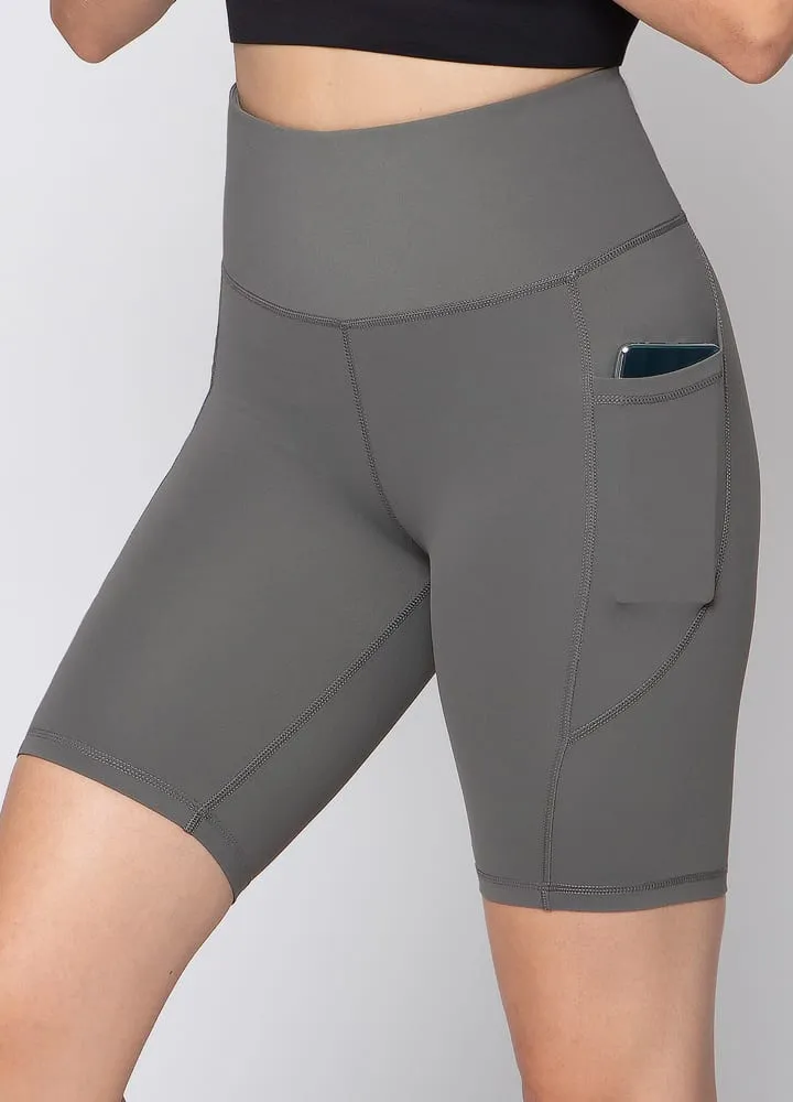 High Waisted Bike Shorts with Phone Pockets - Grey