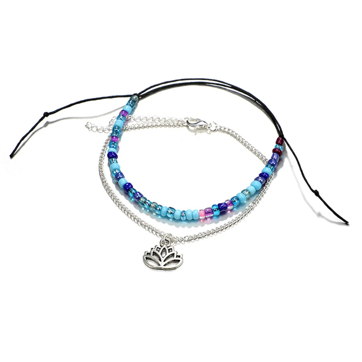 Howlite & Acrylic Adjustable Anklet & Silver-Plated Lotus Charm Anklet