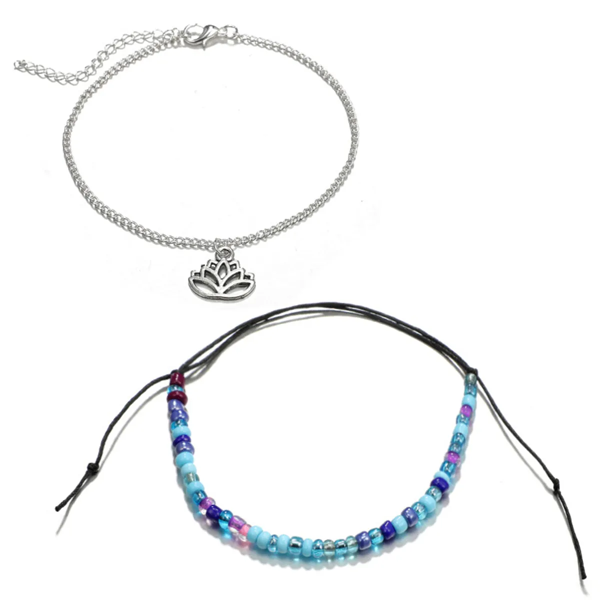 Howlite & Acrylic Adjustable Anklet & Silver-Plated Lotus Charm Anklet