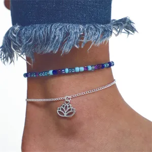 Howlite & Acrylic Adjustable Anklet & Silver-Plated Lotus Charm Anklet