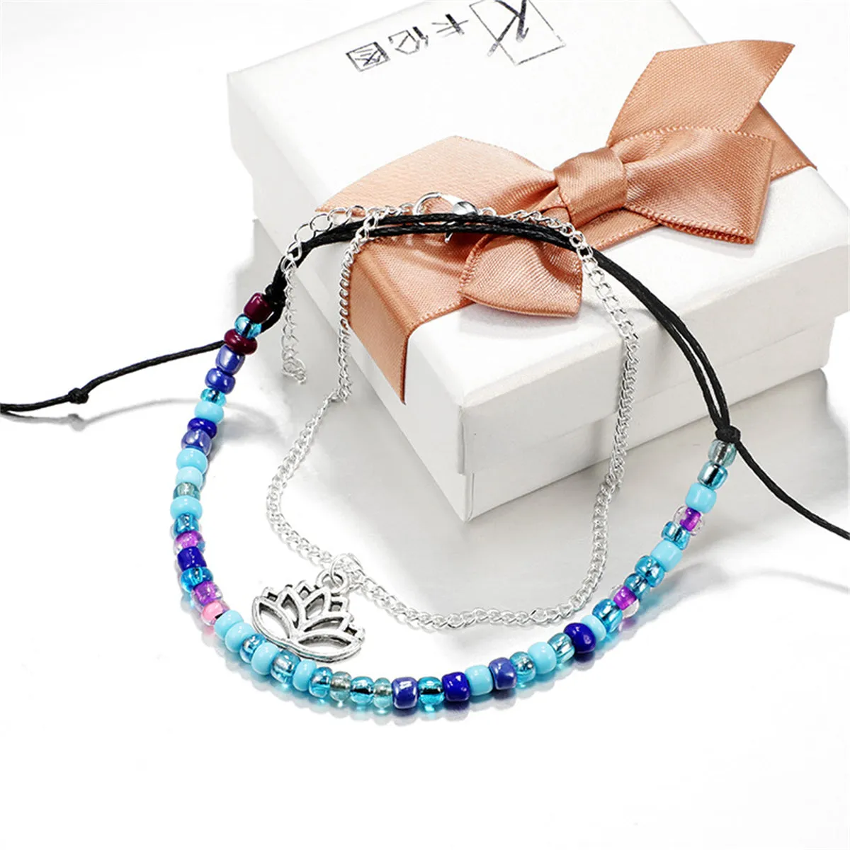 Howlite & Acrylic Adjustable Anklet & Silver-Plated Lotus Charm Anklet