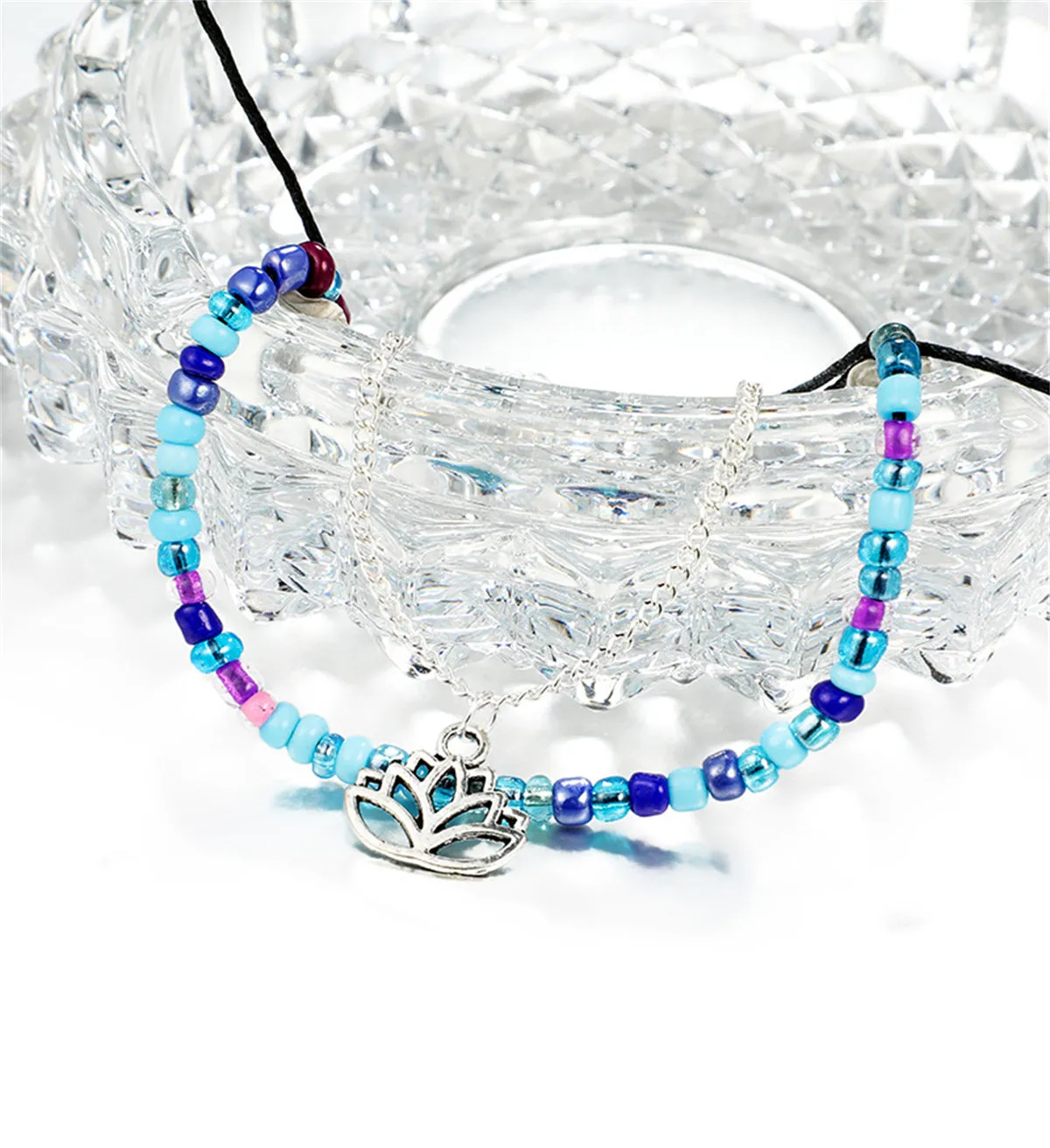 Howlite & Acrylic Adjustable Anklet & Silver-Plated Lotus Charm Anklet