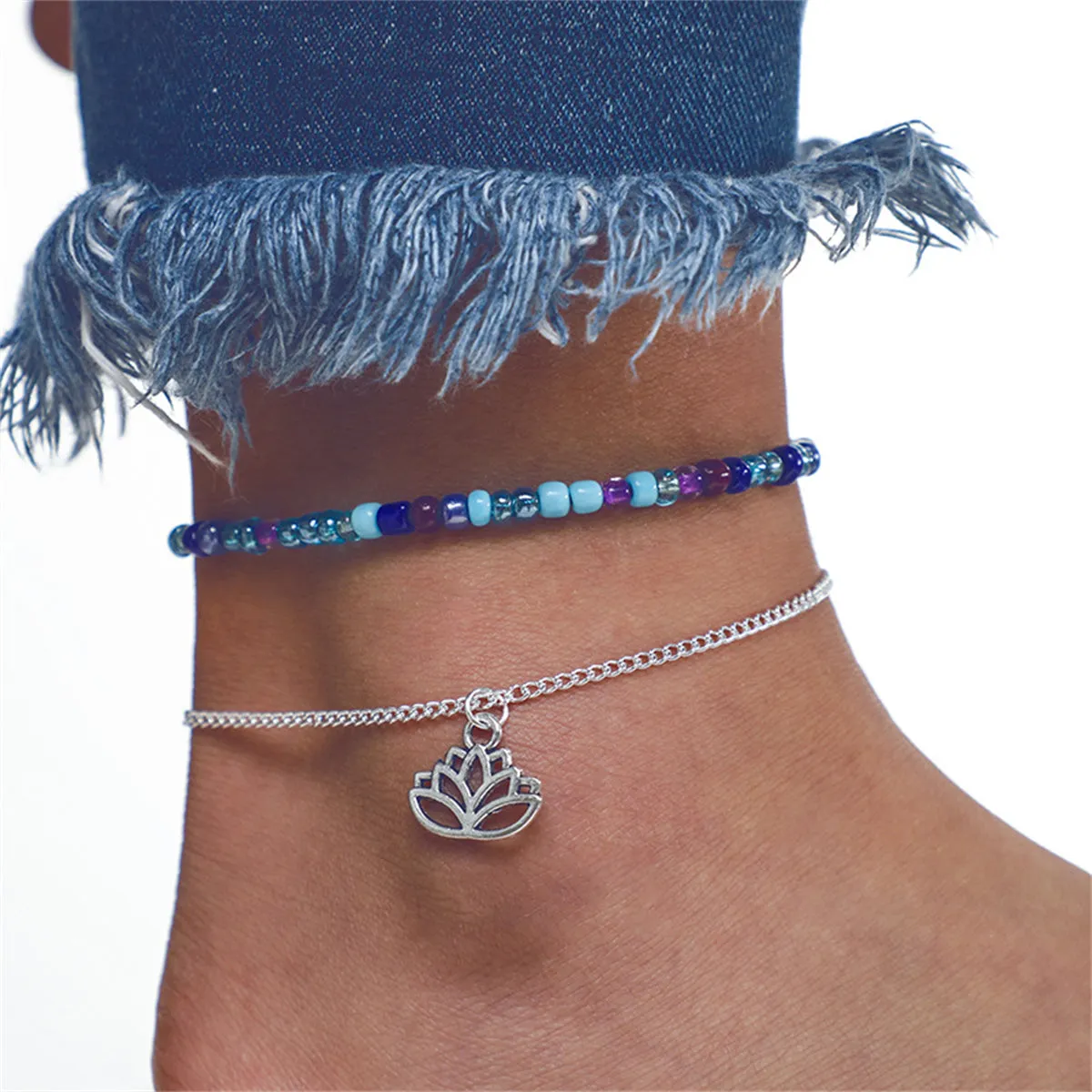 Howlite & Acrylic Adjustable Anklet & Silver-Plated Lotus Charm Anklet