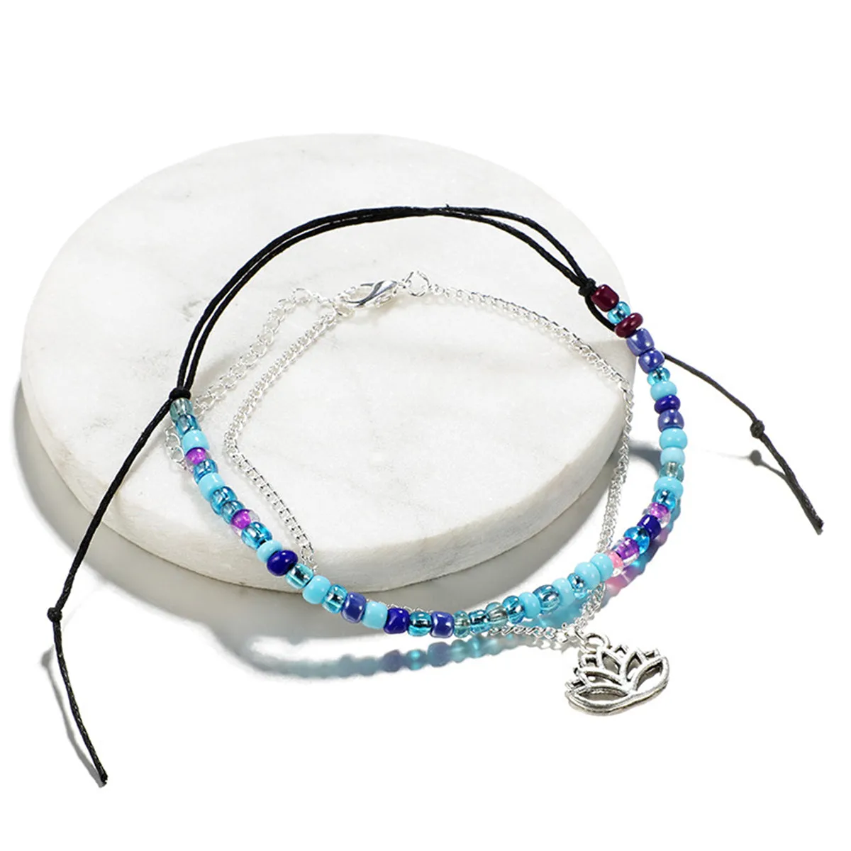 Howlite & Acrylic Adjustable Anklet & Silver-Plated Lotus Charm Anklet
