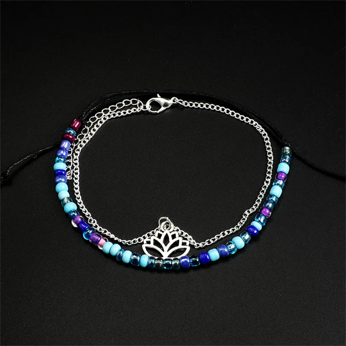 Howlite & Acrylic Adjustable Anklet & Silver-Plated Lotus Charm Anklet