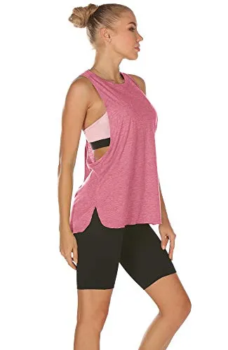 icyzone Yoga Tops Activewear Workout Clothes Sports Racerback Tank Tops for Women (M, Army/Charcoal/Pink)