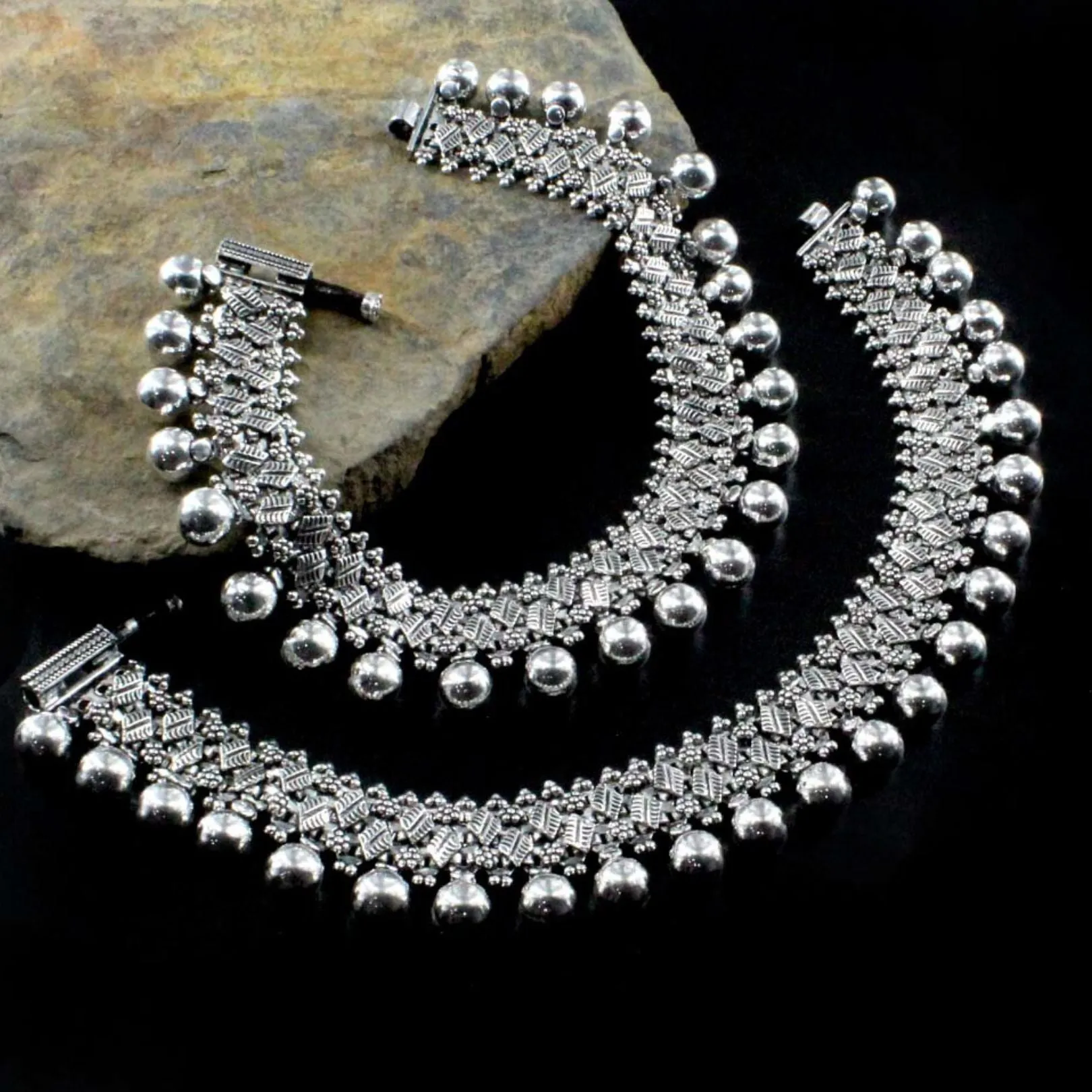 Indian Real Silver Bridal Balls Style Oxidized Women Anklets Ankle Pair 10.5"