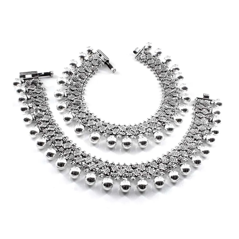 Indian Real Silver Bridal Balls Style Oxidized Women Anklets Ankle Pair 10.5"