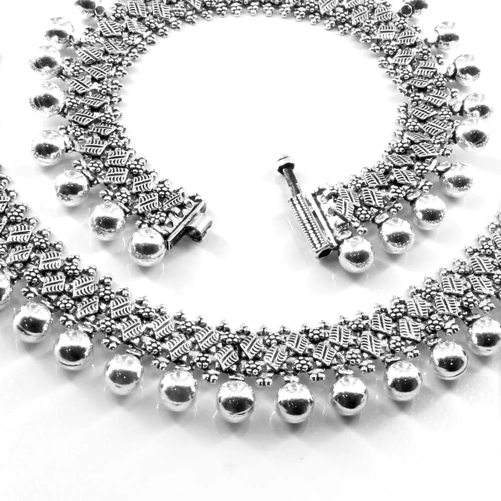 Indian Real Silver Bridal Balls Style Oxidized Women Anklets Ankle Pair 10.5"