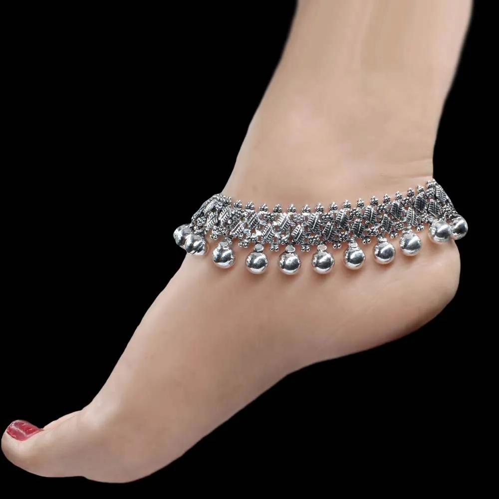 Indian Real Silver Bridal Balls Style Oxidized Women Anklets Ankle Pair 10.5"