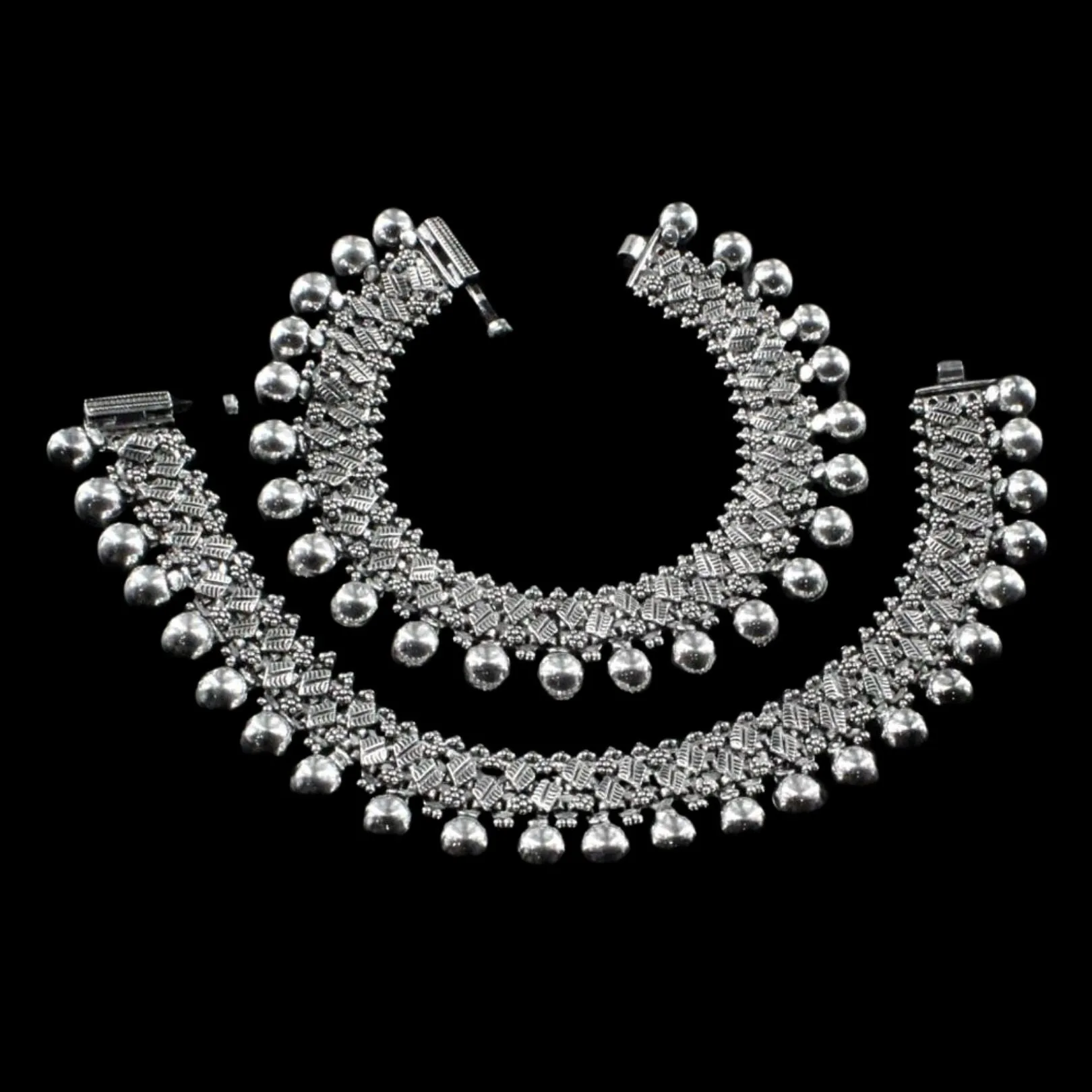 Indian Real Silver Bridal Balls Style Oxidized Women Anklets Ankle Pair 10.5"