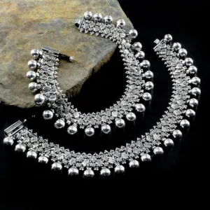 Indian Real Silver Bridal Balls Style Oxidized Women Anklets Ankle Pair 10.5"