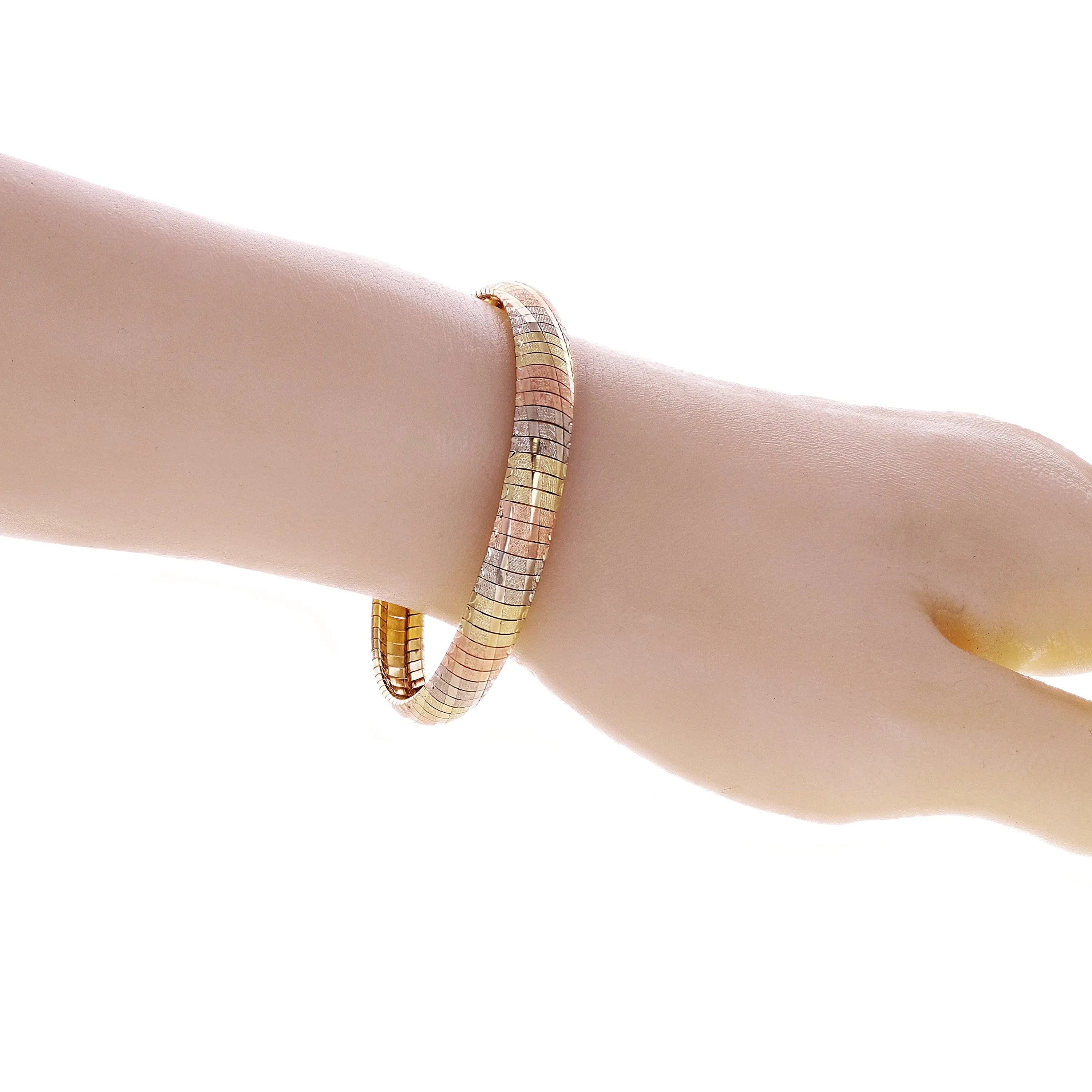 Italian 14k Tri-Color Gold Diamond Cut Omega Bangle Bracelet 7" 8mm 17. 6grams